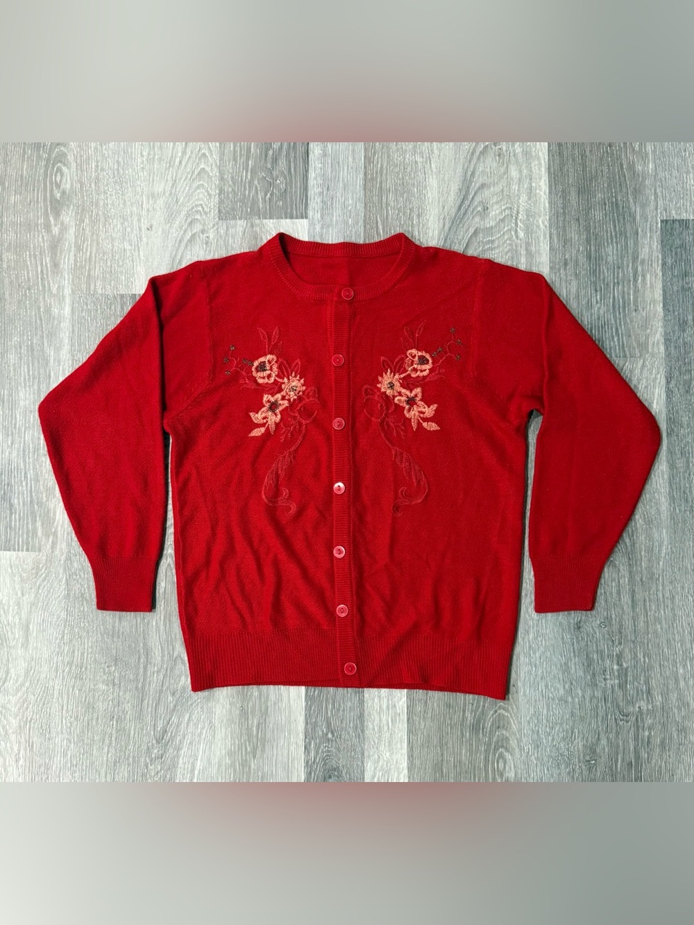 Red Knit Floral Embroidered Button-Front Women's Cottagecore Cardigan Sweater
